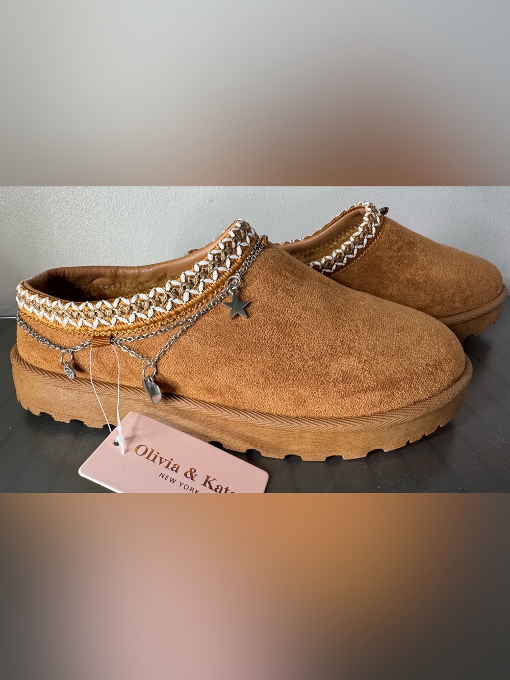 Olivia & Kate Tan Suede Slip-On Clogs Braided Trim good luck charm accent 10